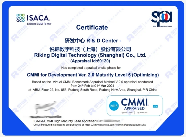 悅錦數(shù)字科技（上海）股份有限公司榮獲CMMI5級(jí)認(rèn)證，實(shí)力邁向國(guó)際標(biāo)準(zhǔn)！
